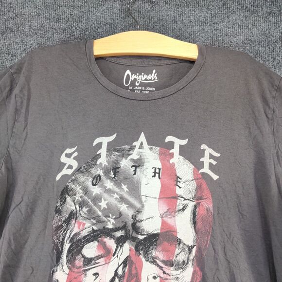 Jack & Jones Men's State of The Union Patriotic Shirt Gray Size XL Skull - Picture 3 of 13